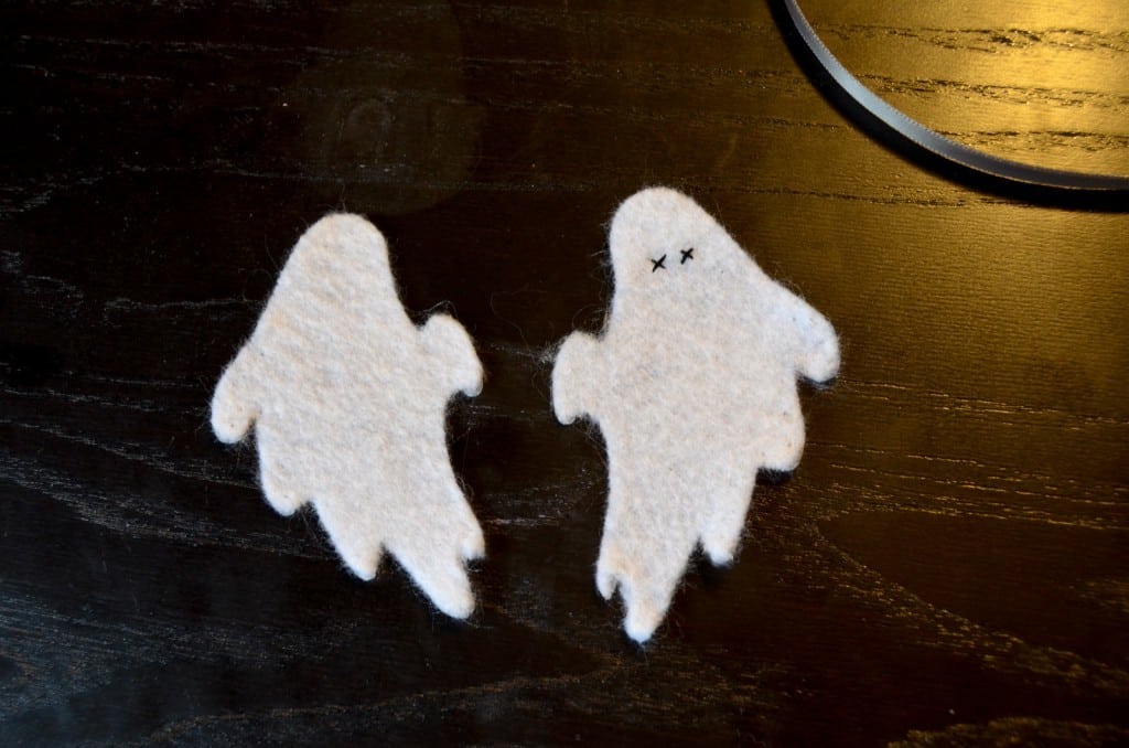 Cute white ghosts crafts, felt sheets, scissors, thread, needles