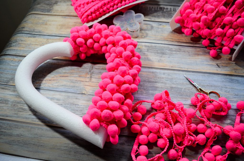 Pom Pom Wrapped Heart Wreath