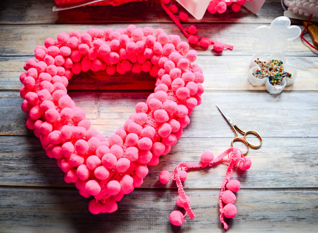 Pom Pom Wrapped Heart Wreath