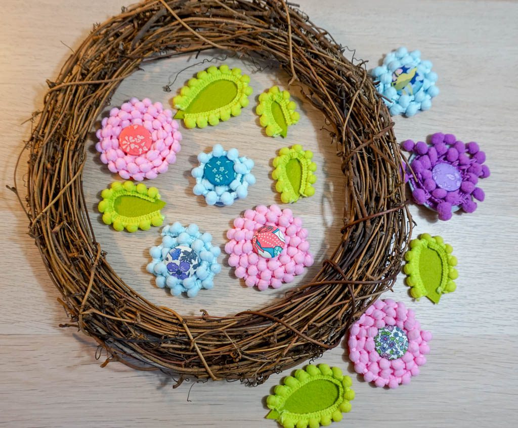 Pom Pom Trim Flower Wreath