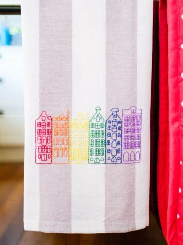 Rainbow Row Houses Tea Towel Embroidery